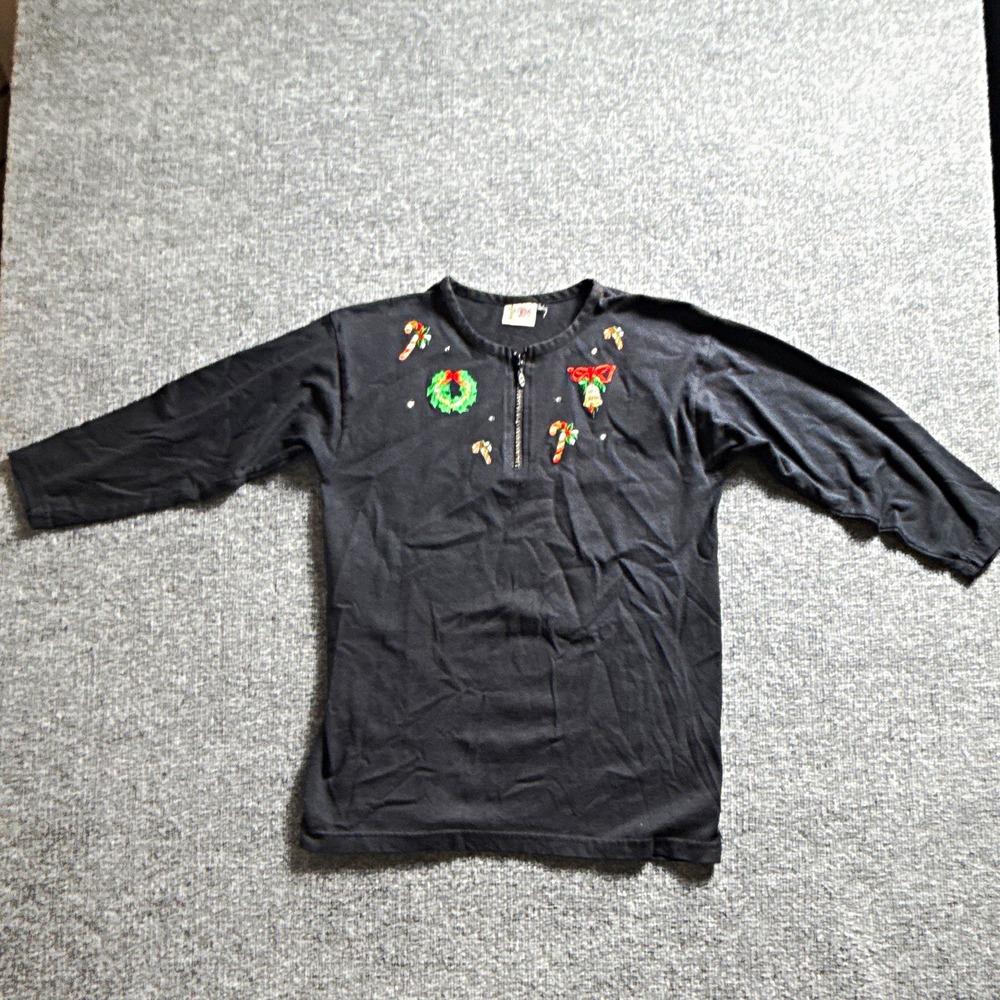 Cactus Womens M Black Christmas Santa Embroidered Rhinestone 1/2 Zip Knit Top